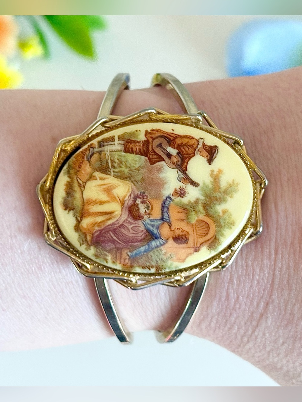 Vintage Signed Limoge Courting Couple Porcelain Gold Filigree Bracelet-Fragonard